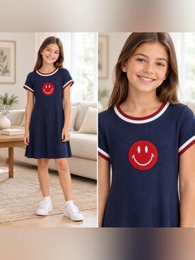 Paper Doll Girls 10/12 Navy Smiley Face Ribbed Ringer Dress Y2K